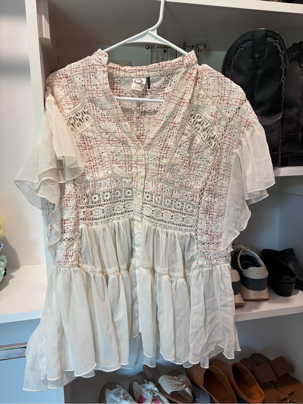 Anthropologie- Boho Lace-Trim Flutter Sleeve Blouse in Light Pink & Cream